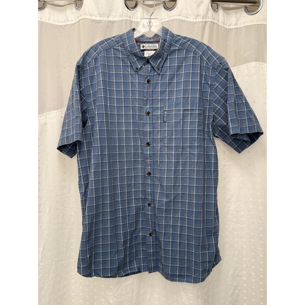 Columbia Mens Blue Plaid Short Sleeve Button Down Shirt Large Cotton